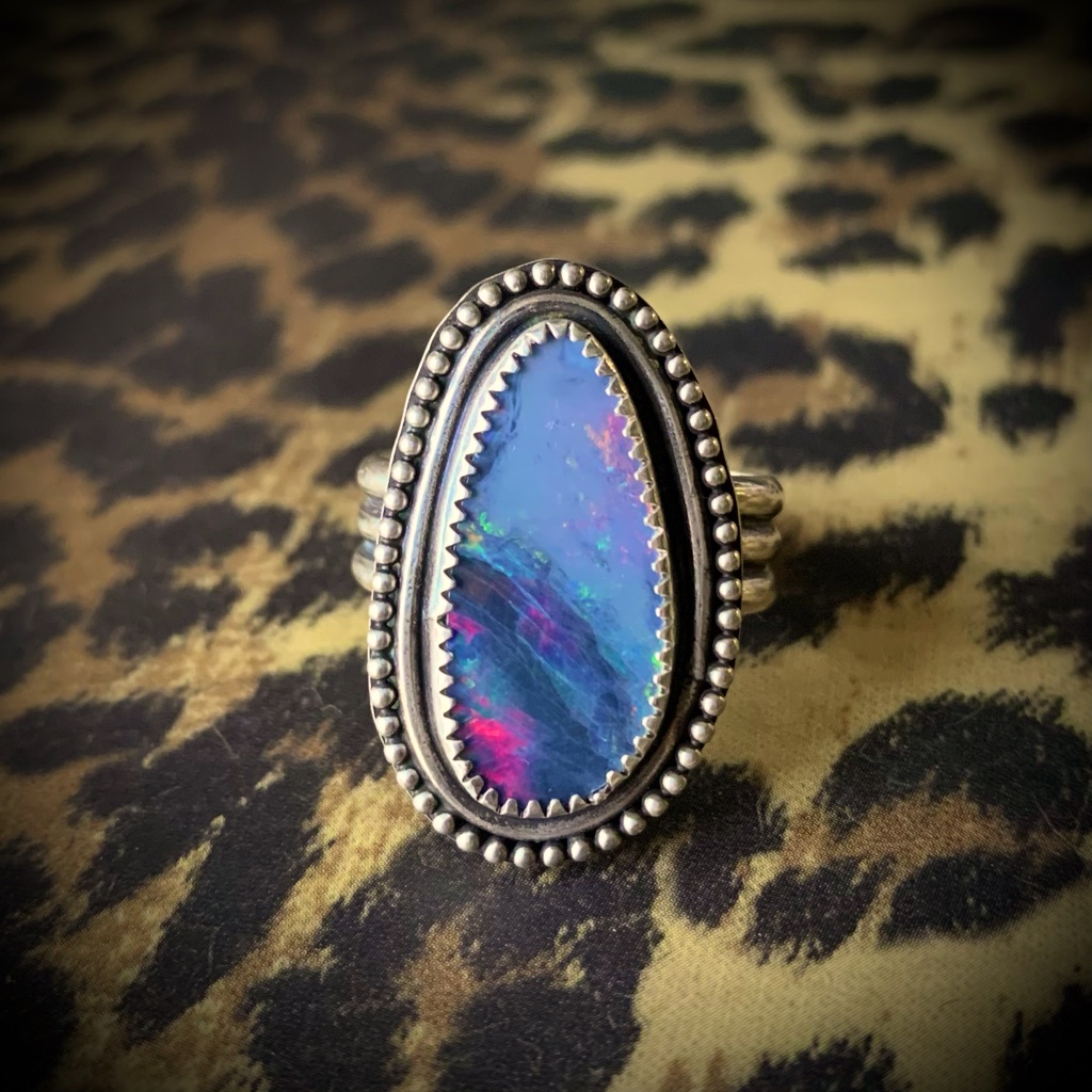 Rainbow Australian Opal Sterling Silver Ring New Artisan Handmade
